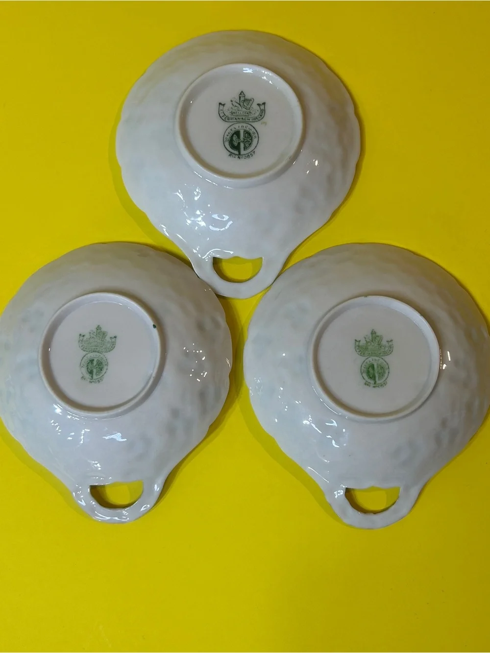 Set of 3 Belleek Shamrock Handled Butter Server Green Mark Spoon Rest - Candy